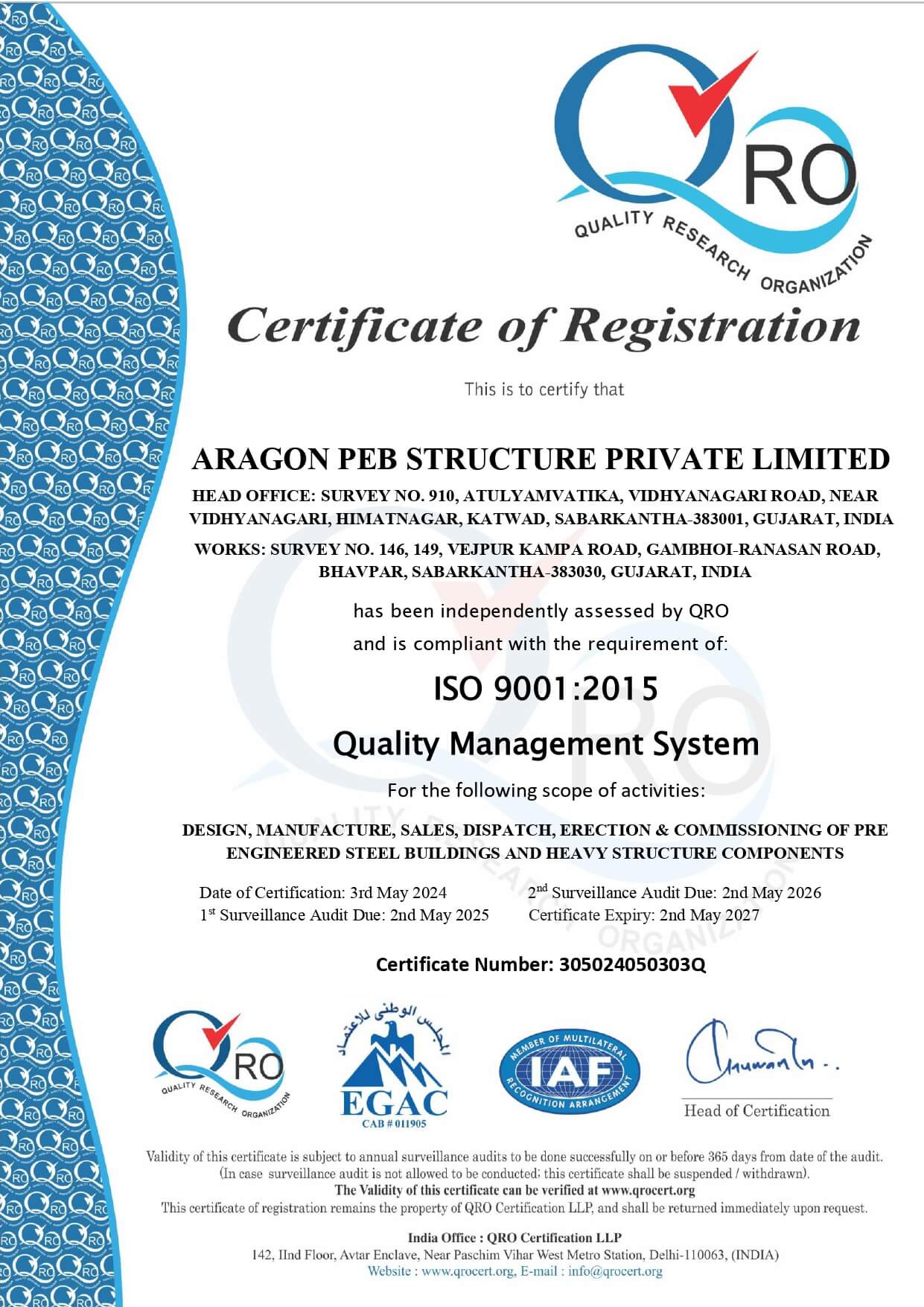 ISO 9001 quality certification for Aragon PEB